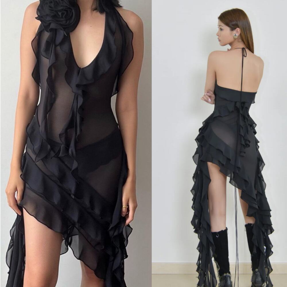 Fanci Club Dress Black Garden of Eden Mini Ruffle Flower Halter Medium